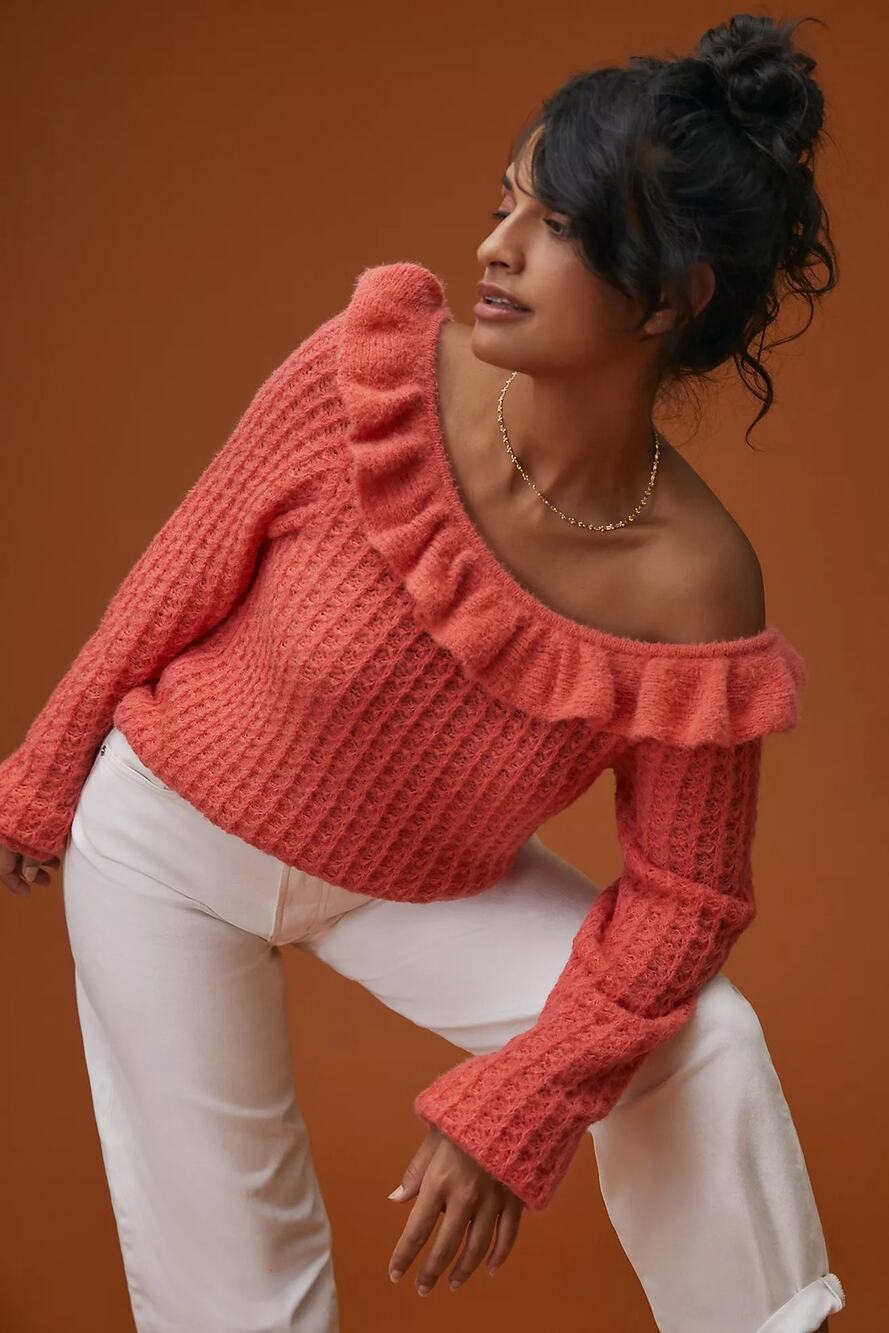 Anthropologie Sweater Sm Ruffle Boat Neck Off Shoulder Coral Orange Knit Fuzzy